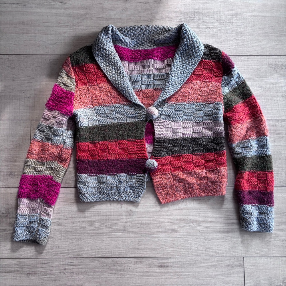 Knit Multicolor Shawl Collar Sweater Cozy Boho Cottagecore Chunky Knit | L